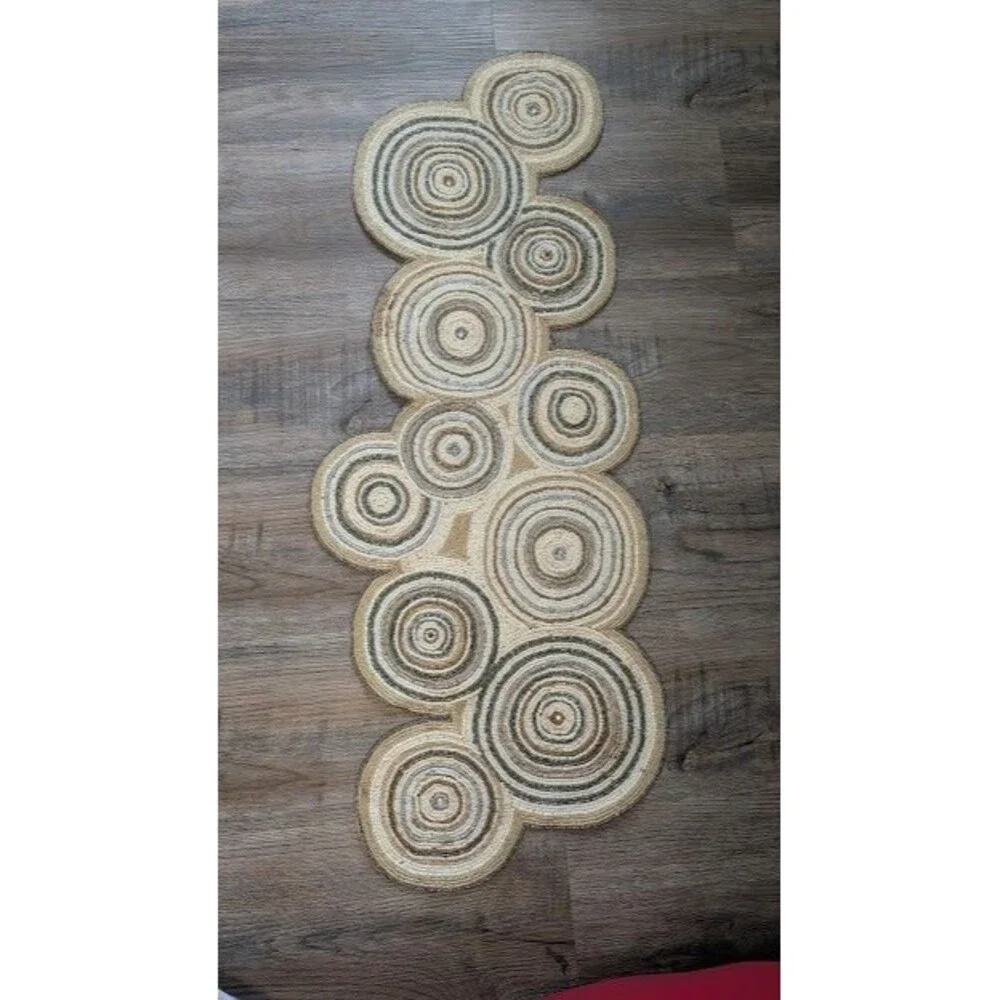 Pier 1 One Glass Beaded Table Runner Round Medallion Boho Circles Tan Blue